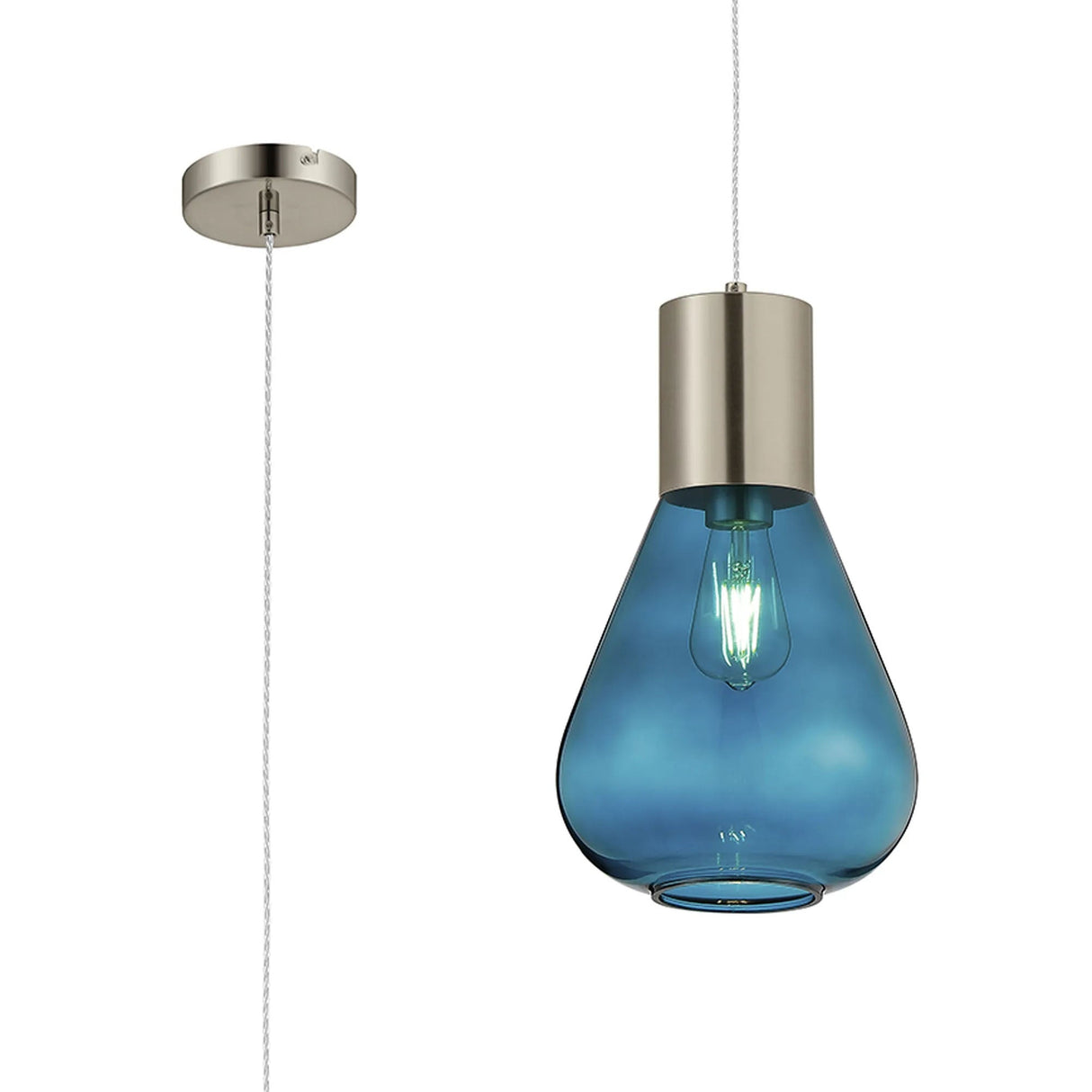 Rowell Narrow Pendant, 1 x E27, Satin Nickel/Teal Blue Glass