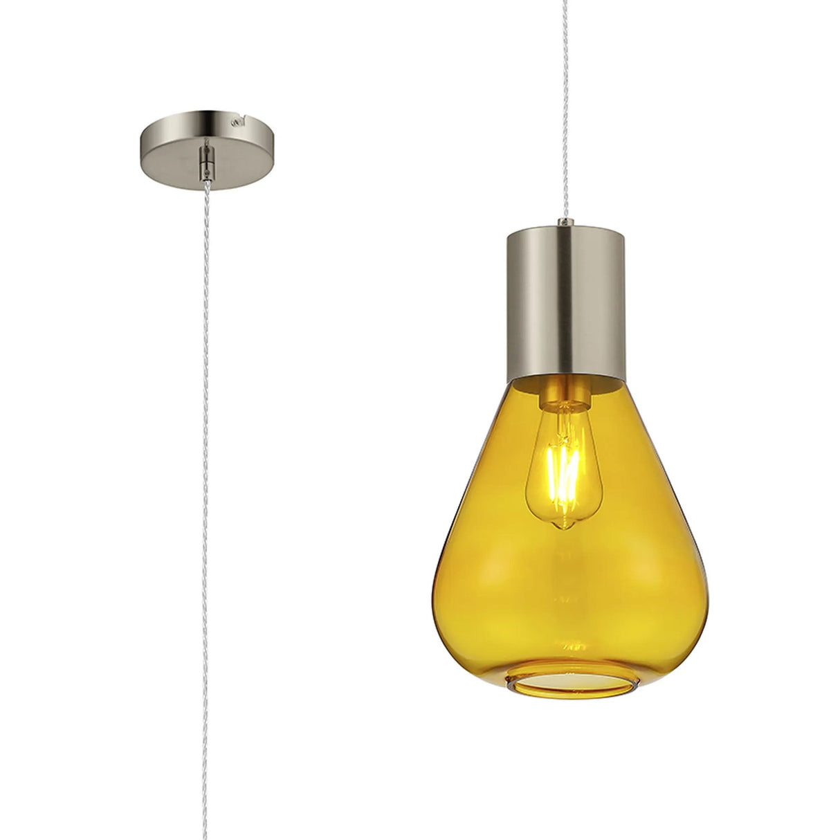 Rowell Narrow Pendant, 1 x E27, Satin Nickel/Yellow Glass