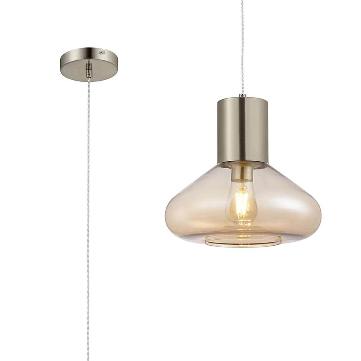 Rowell Wide Pendant, 1 x E27, Satin Nickel/Amber Glass