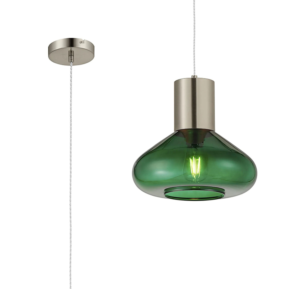 Rowell Wide Pendant, 1 x E27, Satin Nickel/Bottle Green Glass
