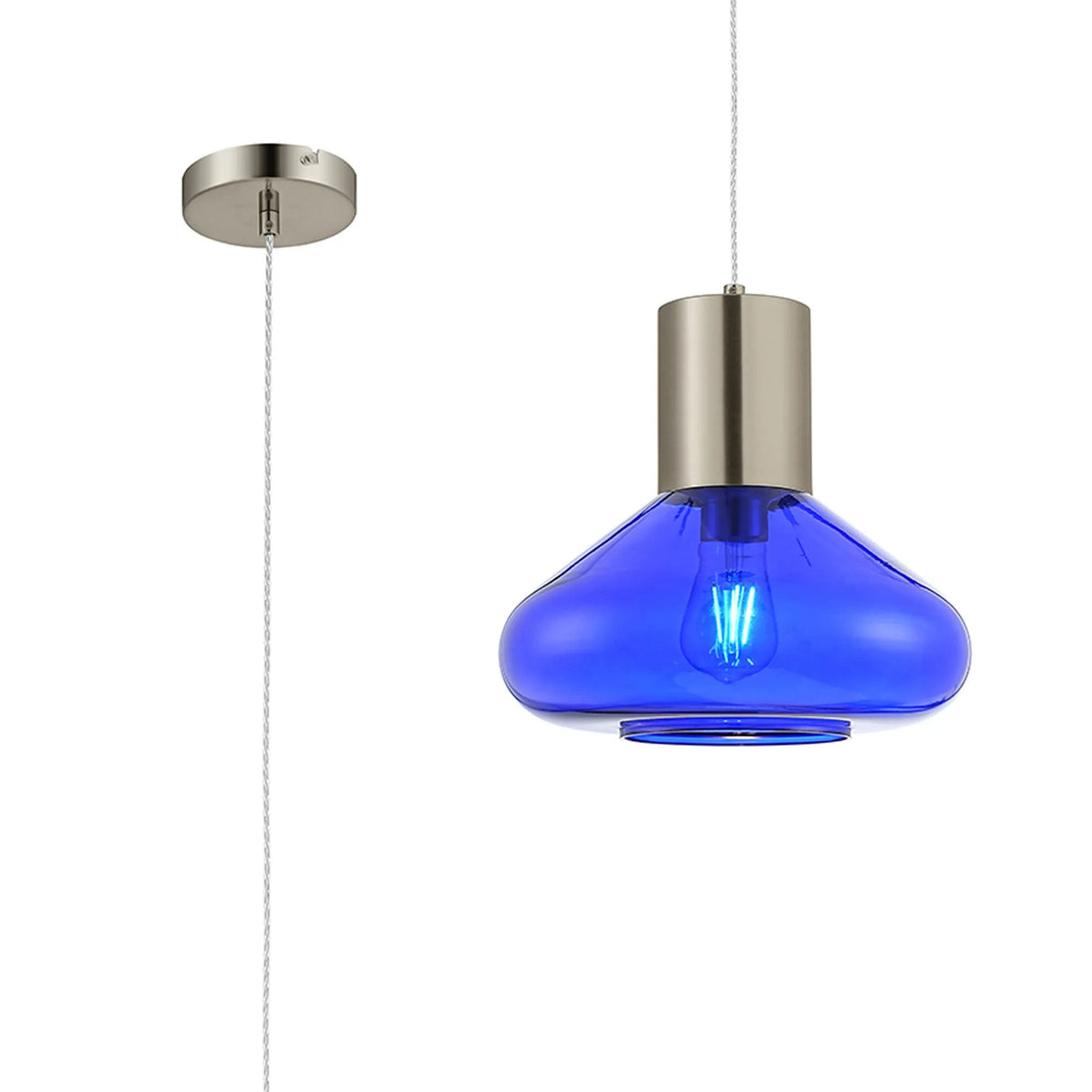 Rowell Wide Pendant, 1 x E27, Satin Nickel/Blue Ink Glass