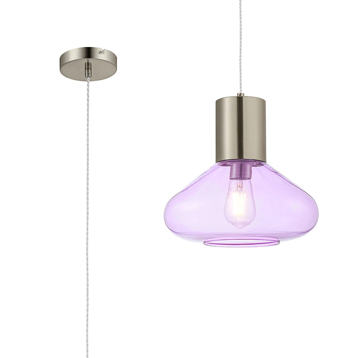 Rowell Wide Pendant, 1 x E27, Satin Nickel/Lilac Glass