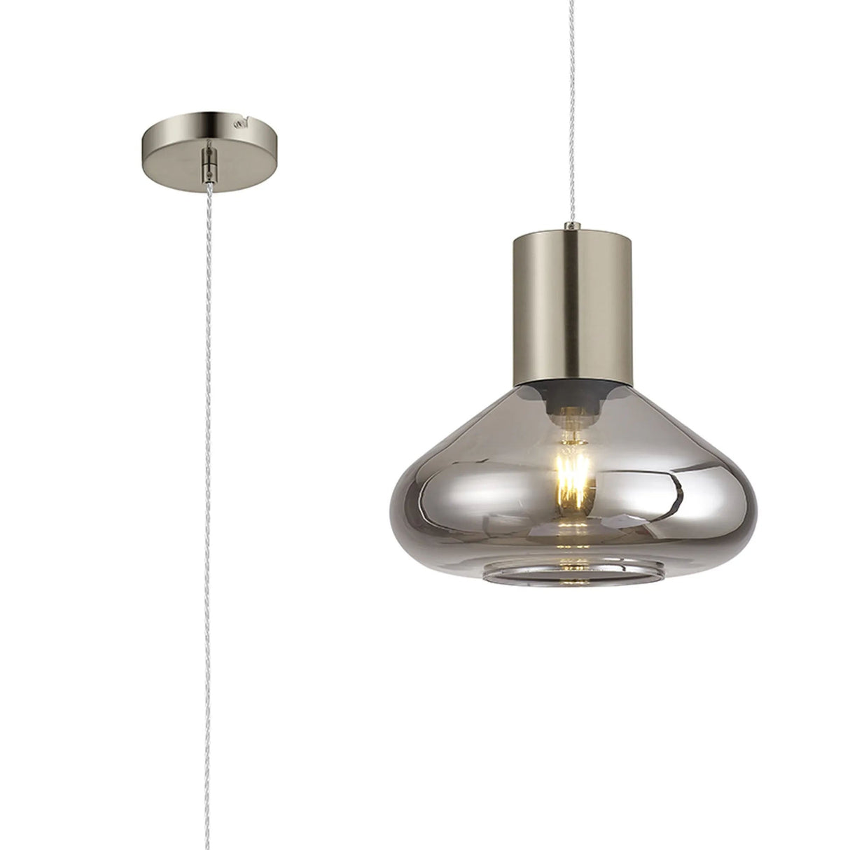 Rowell Wide Pendant, 1 x E27, Satin Nickel/Smoke Plated Glass