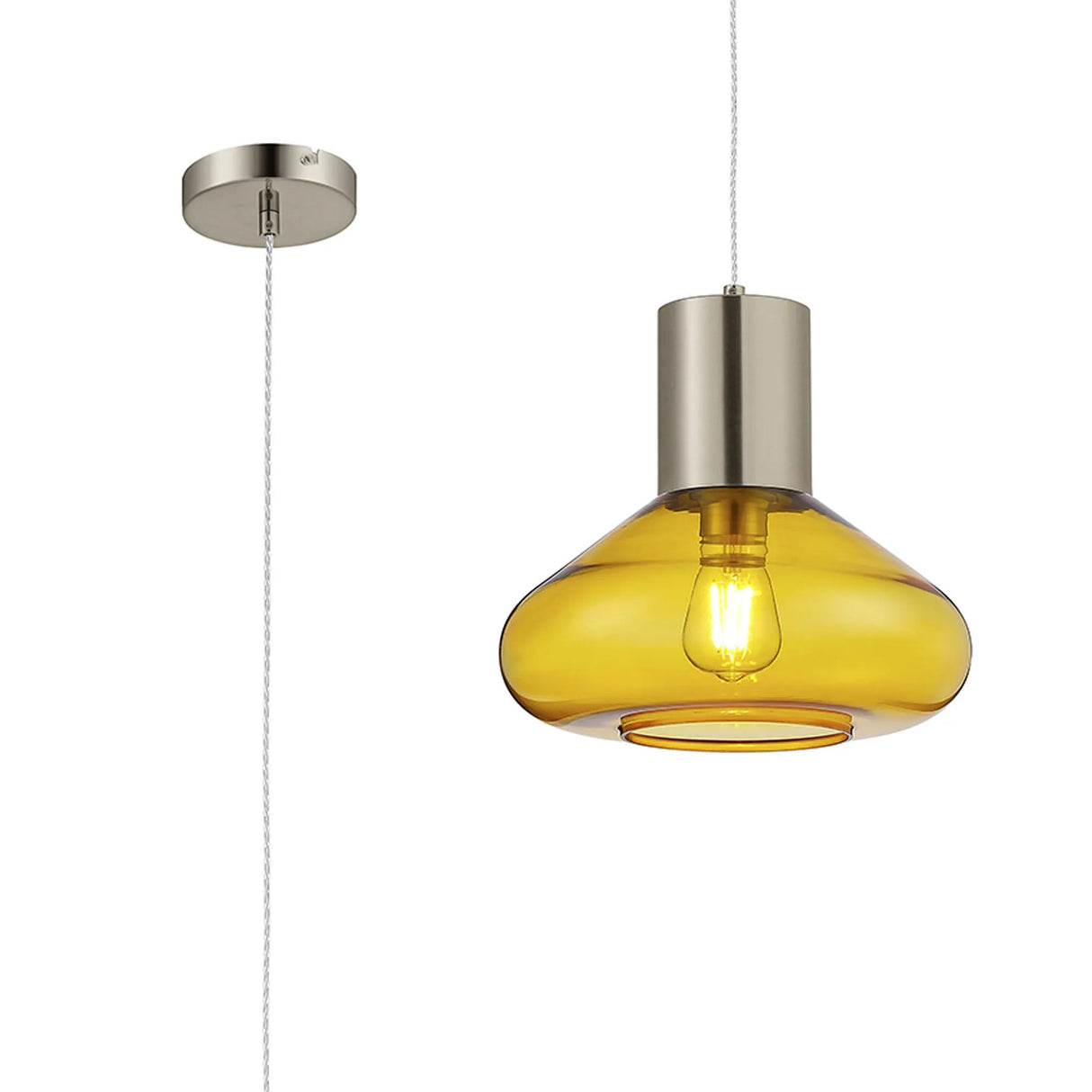 Rowell Wide Pendant, 1 x E27, Satin Nickel/Yellow Glass