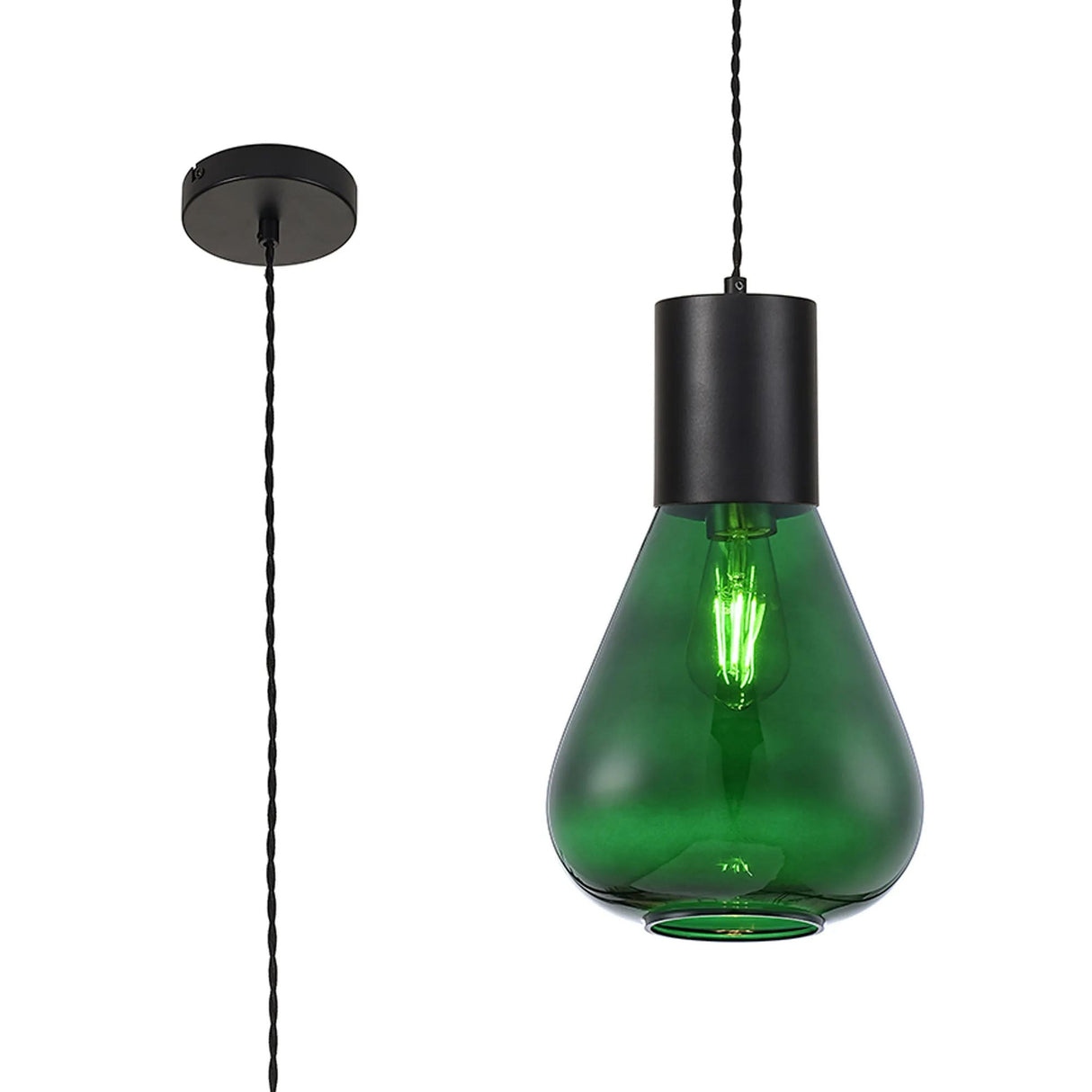 Rowell Narrow Pendant, 1 x E27, Satin Black/Bottle Green Glass