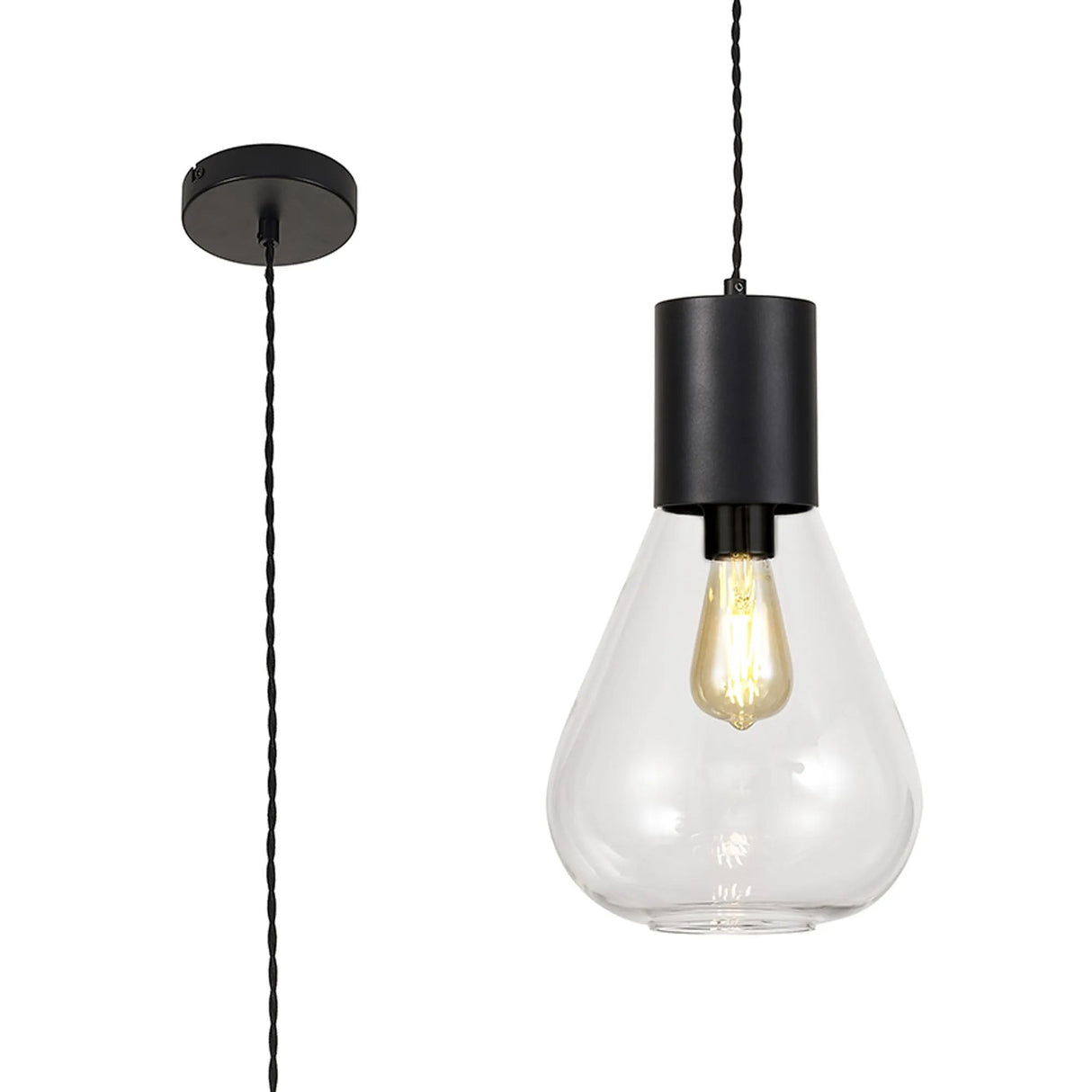Rowell Narrow Pendant, 1 x E27, Satin Black/Clear Glass