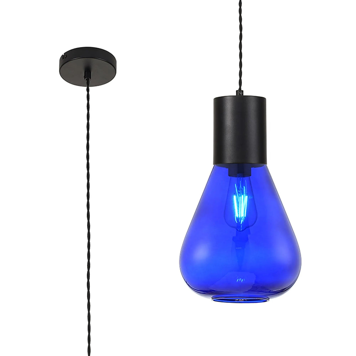 Rowell Narrow Pendant, 1 x E27, Satin Black/Blue Ink Glass