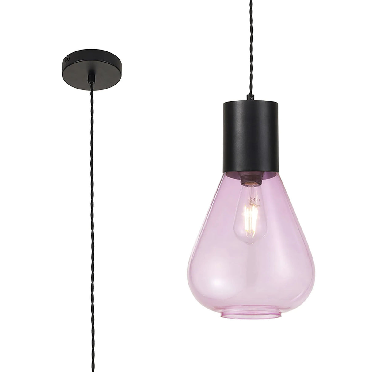Rowell Narrow Pendant, 1 x E27, Satin Black/Lilac Glass