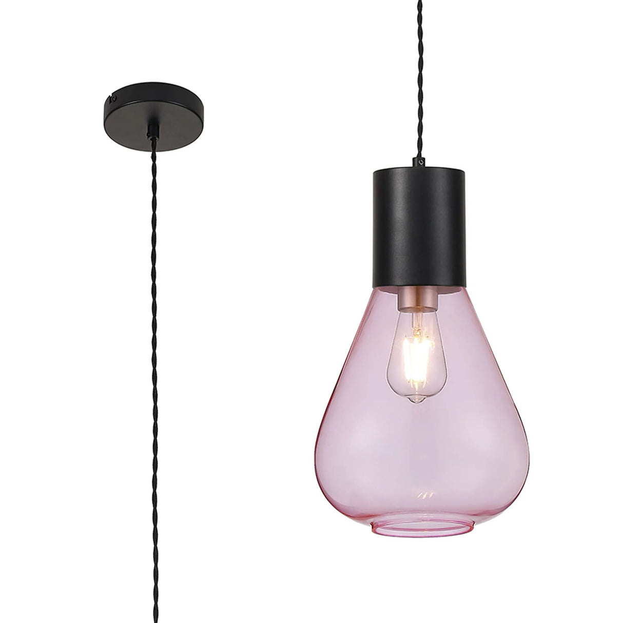 Rowell Narrow Pendant, 1 x E27, Satin Black/Pink Glass