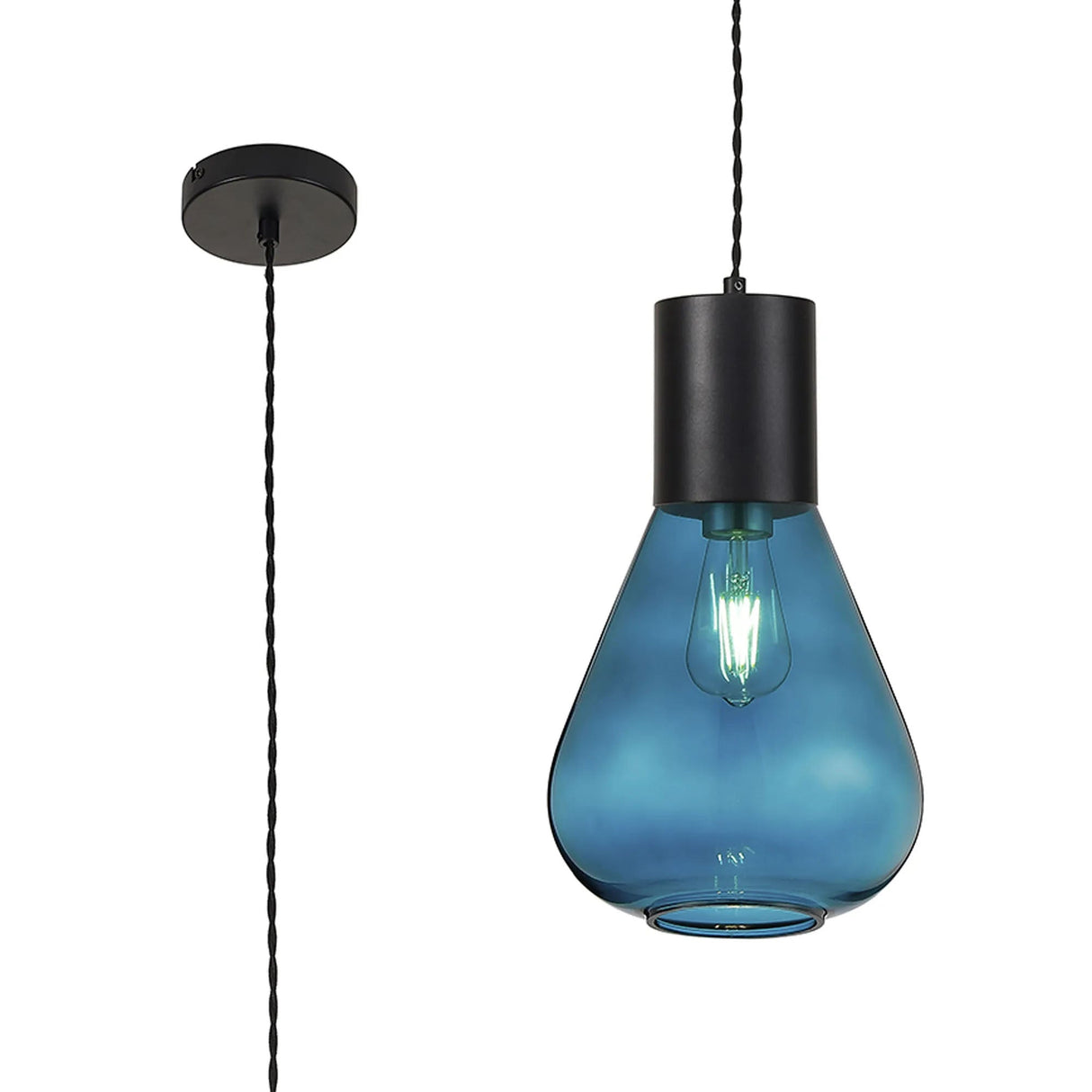 Rowell Narrow Pendant, 1 x E27, Satin Black/Teal Blue Glass