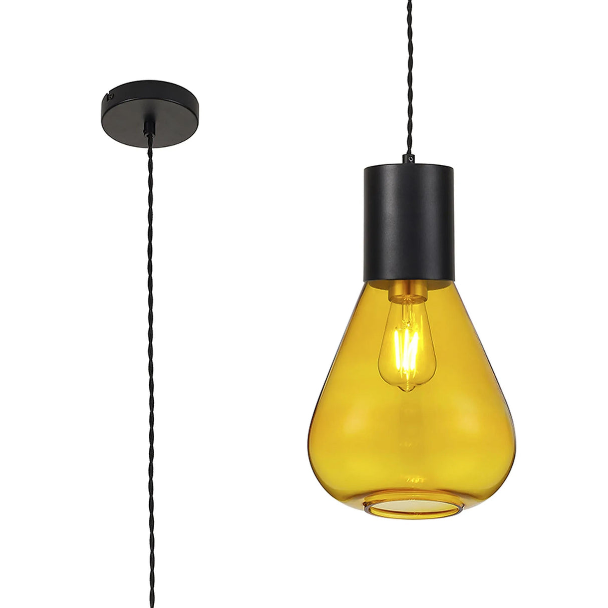 Rowell Narrow Pendant, 1 x E27, Satin Black/Yellow Glass
