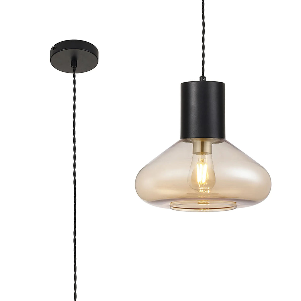 Rowell Wide Pendant, 1 x E27, Satin Black/Amber Glass