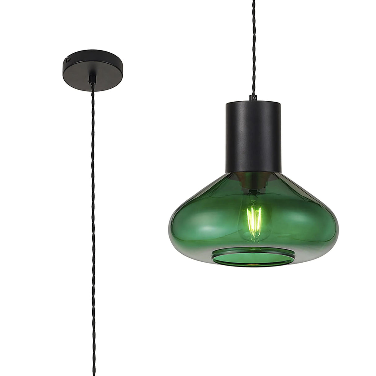Rowell Wide Pendant, 1 x E27, Satin Black/Bottle Green Glass