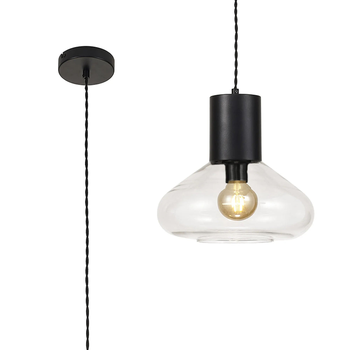 Rowell Wide Pendant, 1 x E27, Satin Black/Clear Glass