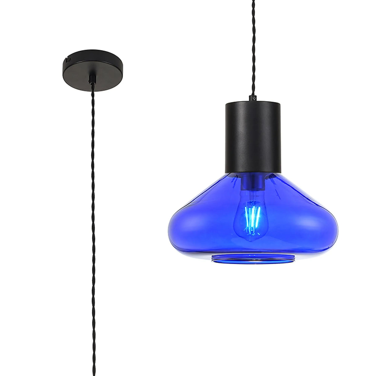 Rowell Wide Pendant, 1 x E27, Satin Black/Blue Ink Glass