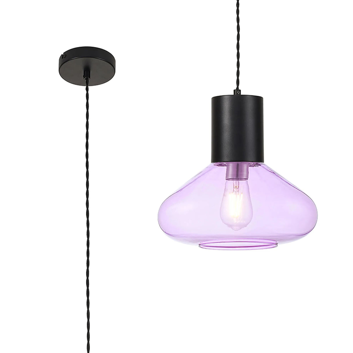 Rowell Wide Pendant, 1 x E27, Satin Black/Lilac Glass