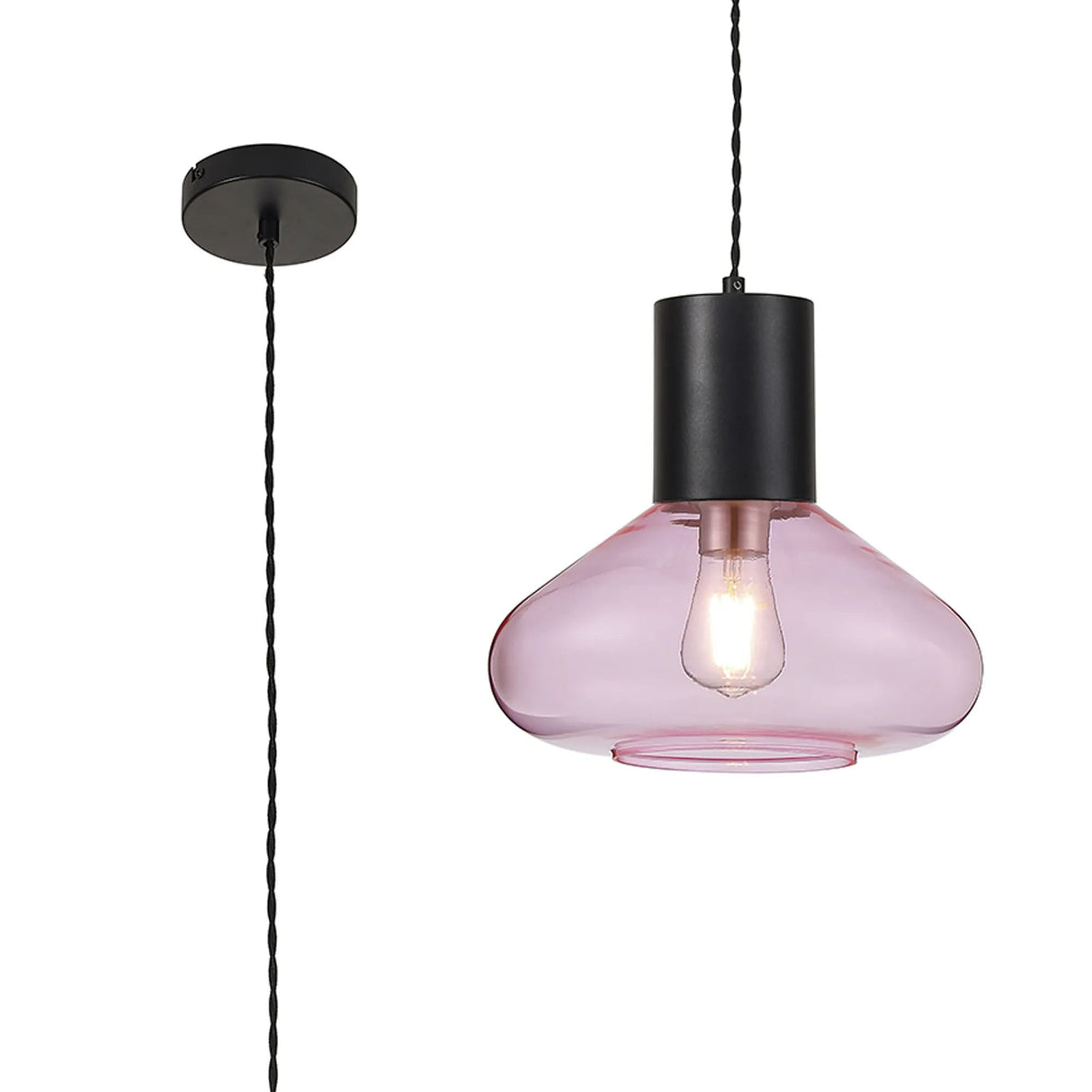 Rowell Wide Pendant, 1 x E27, Satin Black/Pink Glass