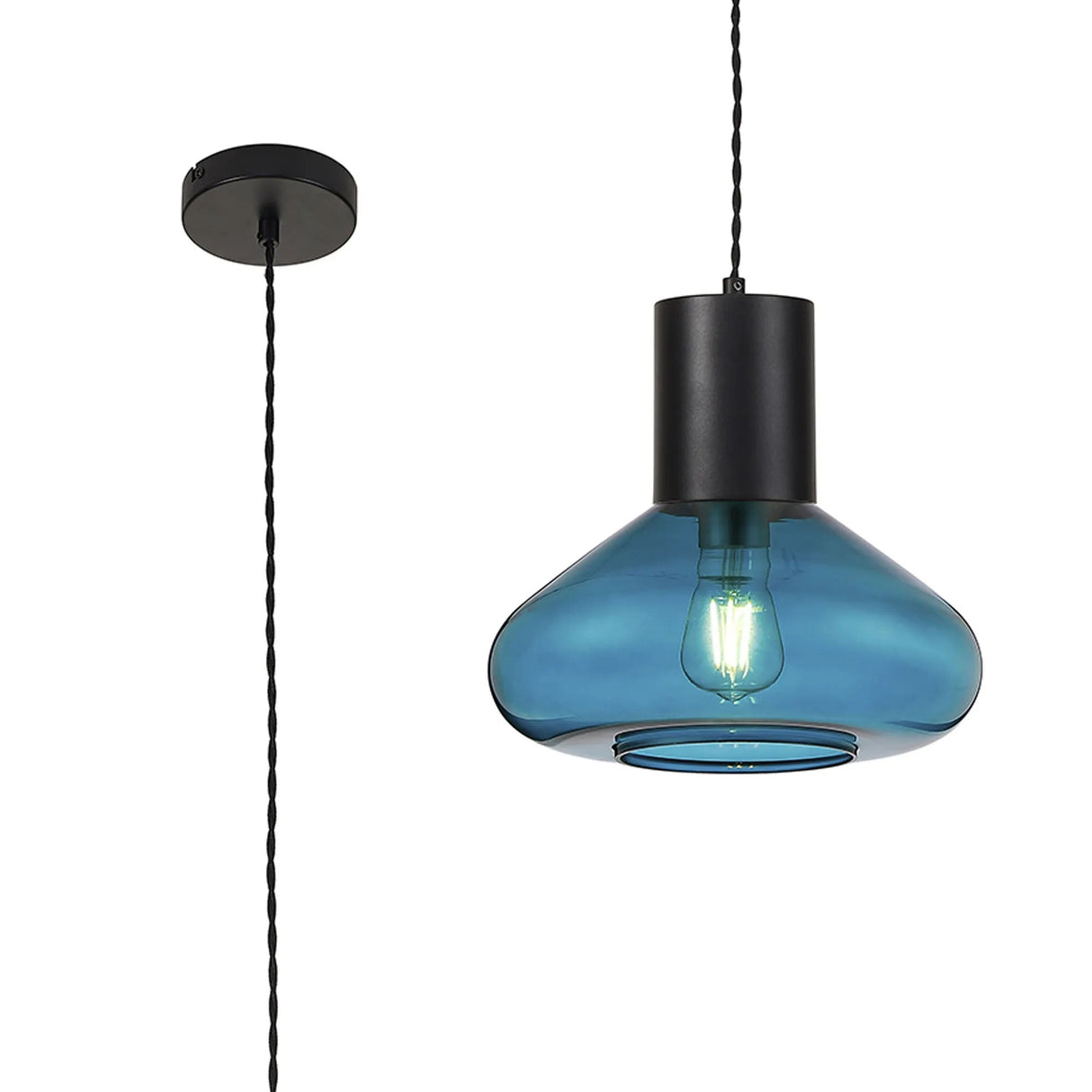 Rowell Wide Pendant, 1 x E27, Satin Black/Teal Blue Glass