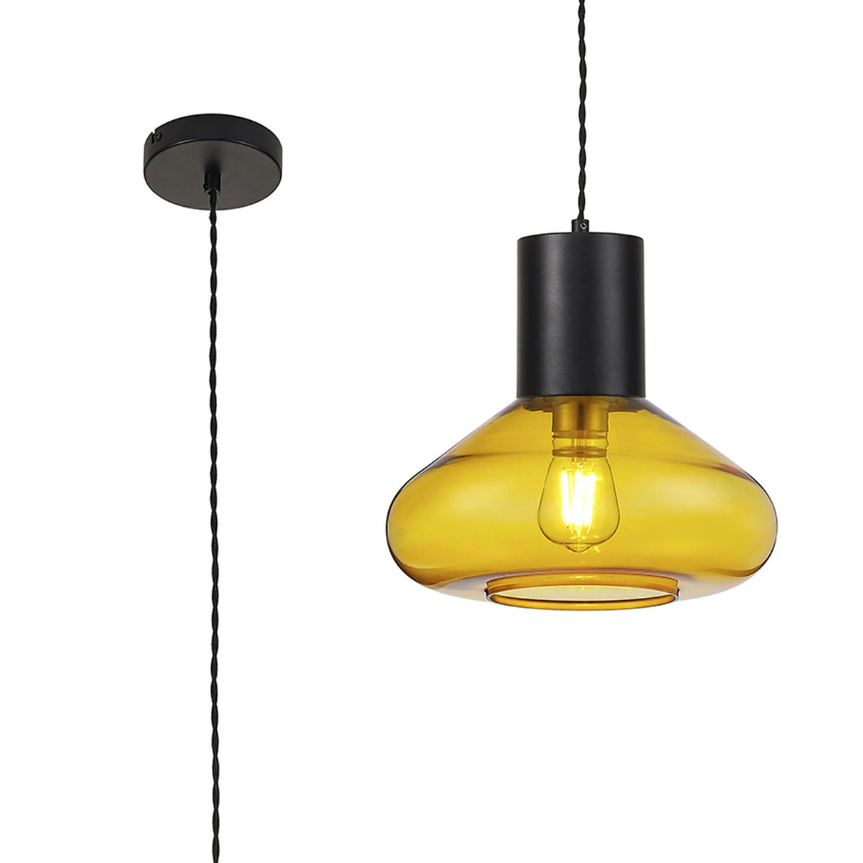 Rowell Wide Pendant, 1 x E27, Satin Black/Yellow Glass