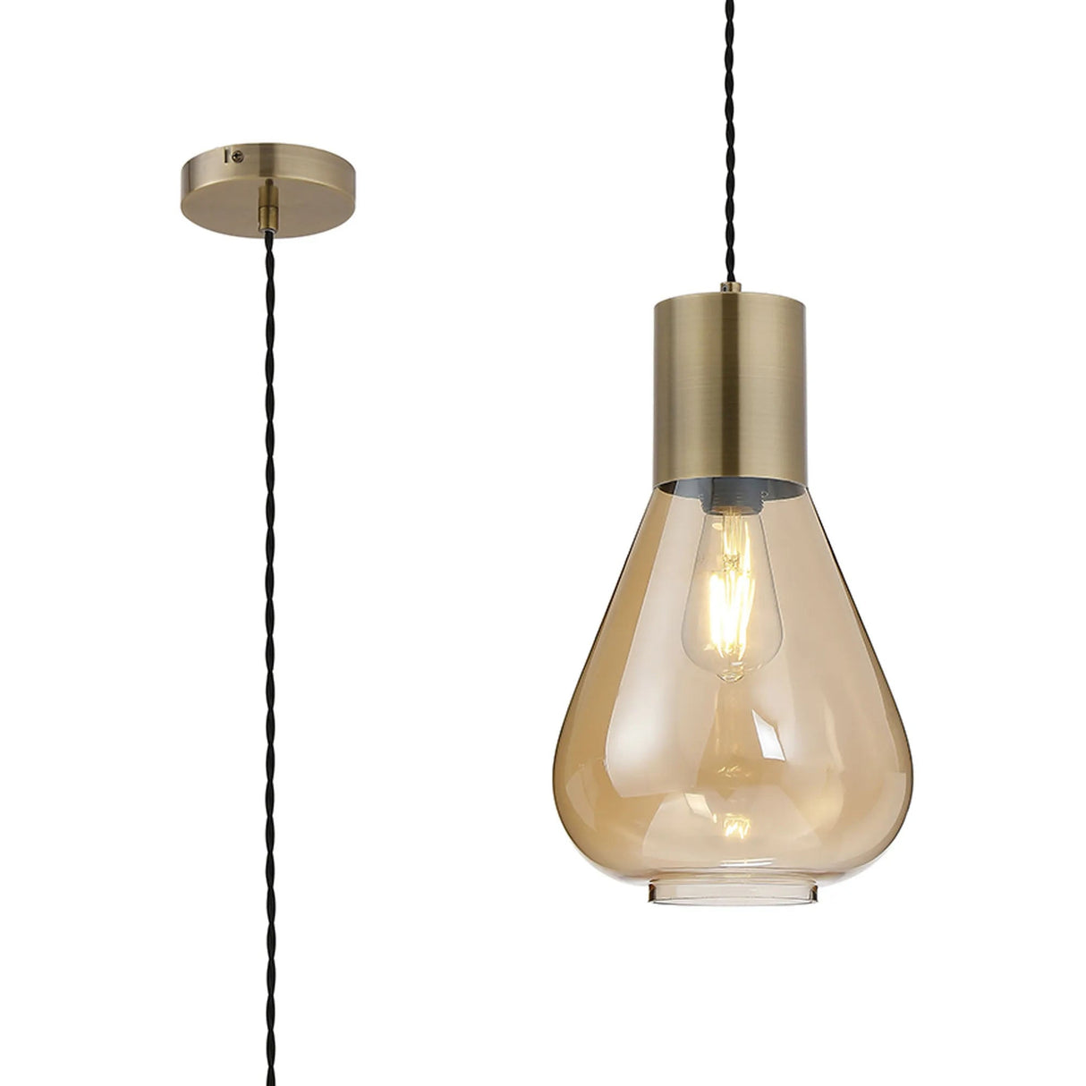 Rowell Narrow Pendant, 1 x E27, Antique Brass/Amber Glass
