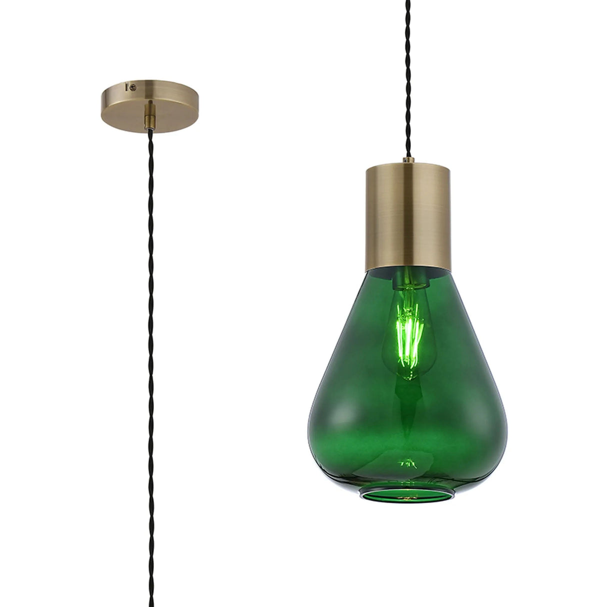 Rowell Narrow Pendant, 1 x E27, Antique Brass/Bottle Green Glass
