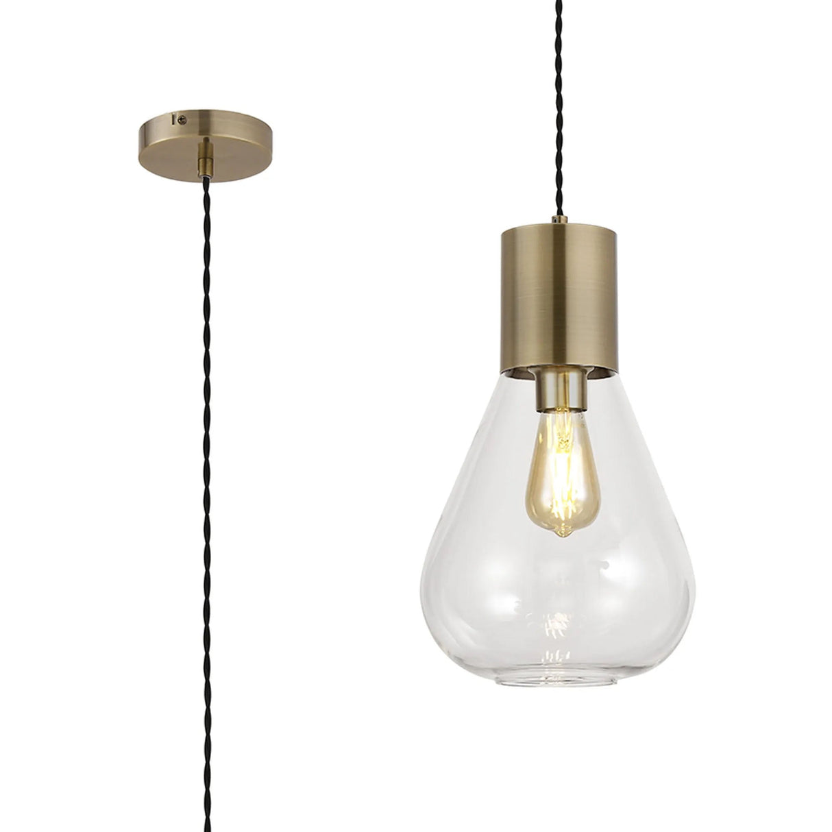 Rowell Narrow Pendant, 1 x E27, Antique Brass/Clear Glass