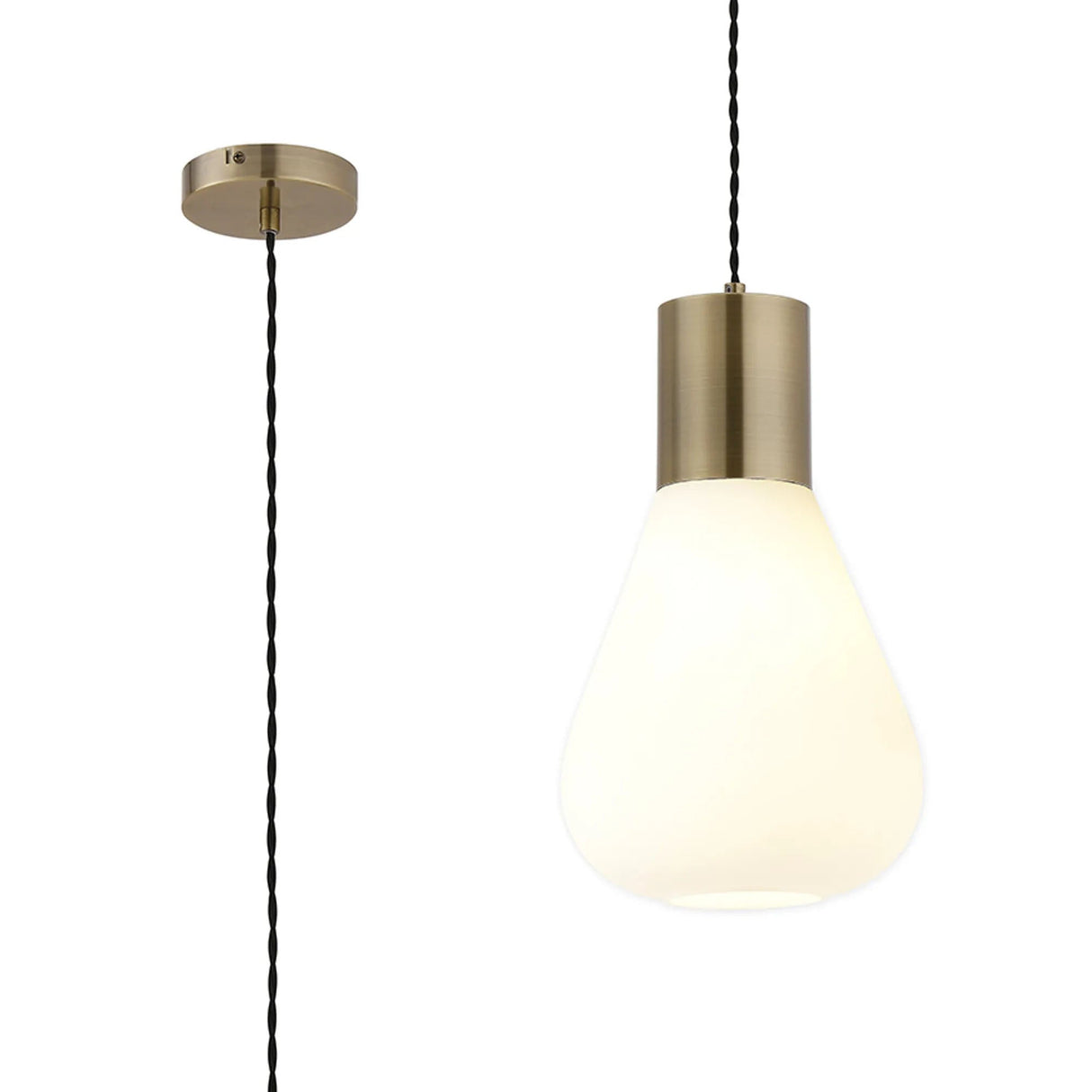Rowell Narrow Pendant, 1 x E27, Antique Brass/Opal Glass