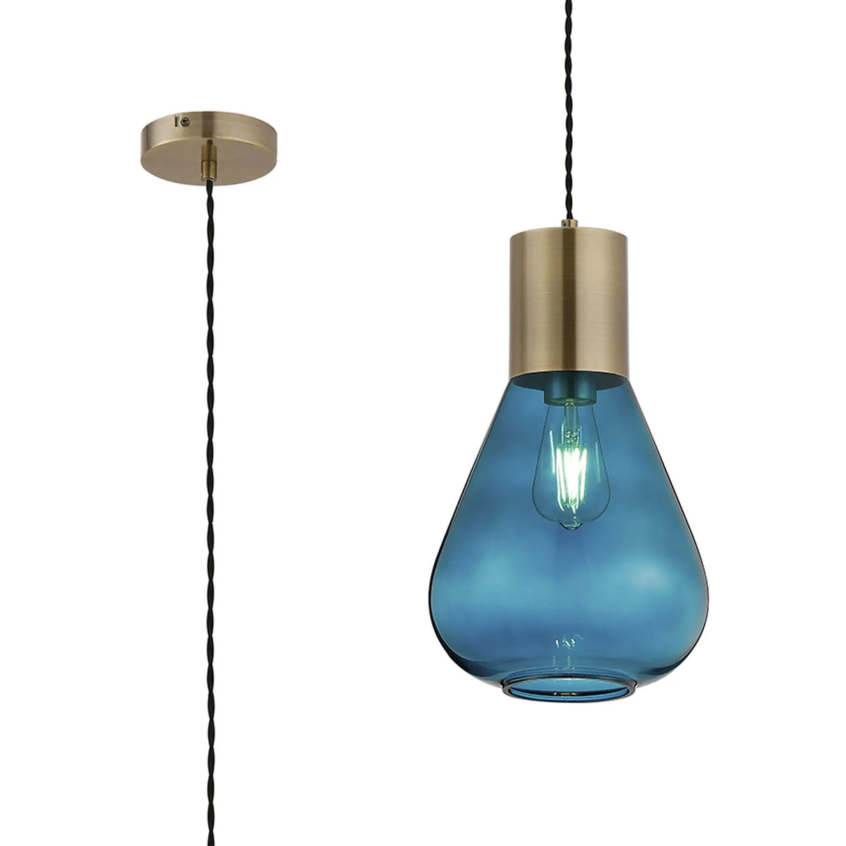 Rowell Narrow Pendant, 1 x E27, Antique Brass/Teal Blue Glass