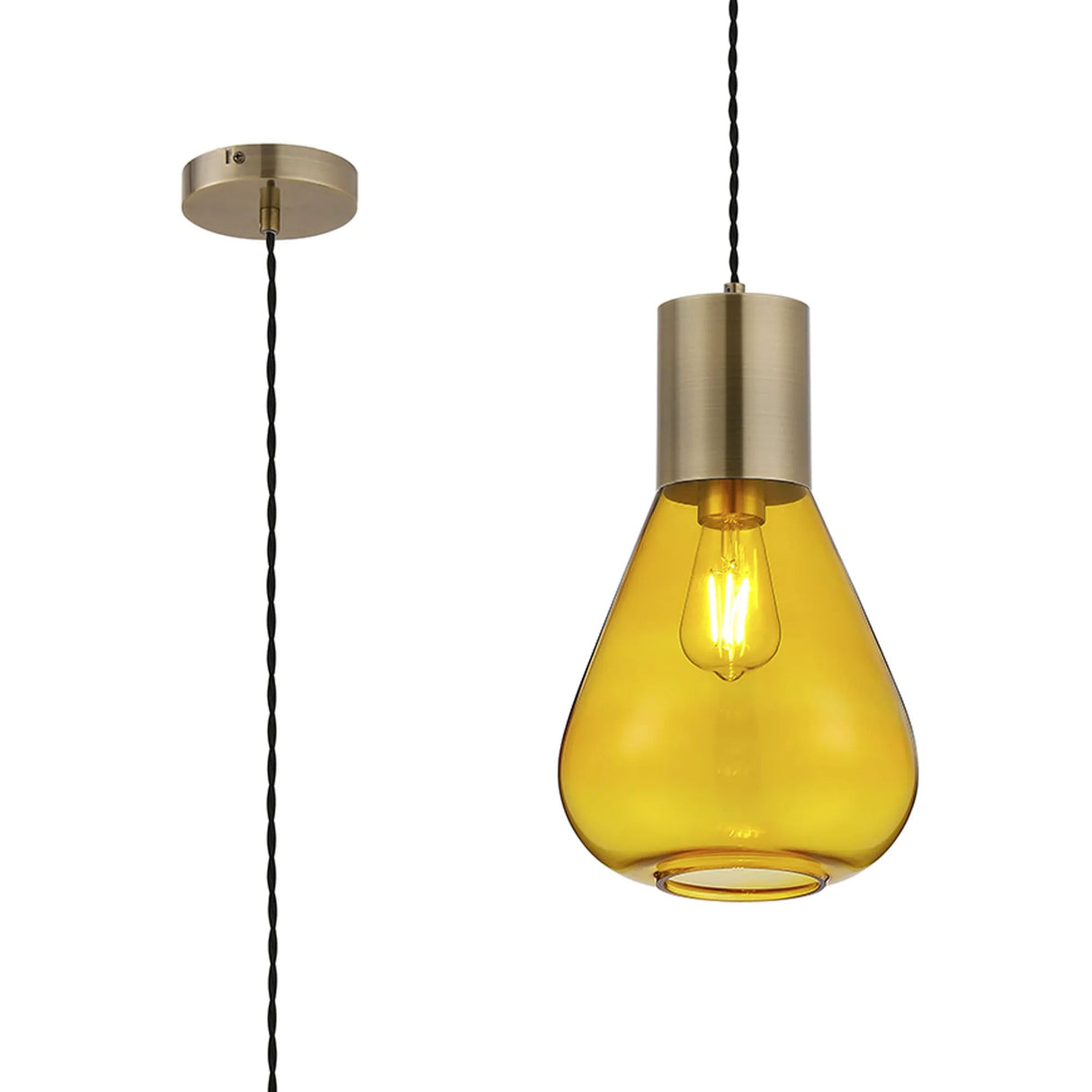 Rowell Narrow Pendant, 1 x E27, Antique Brass/Yellow Glass