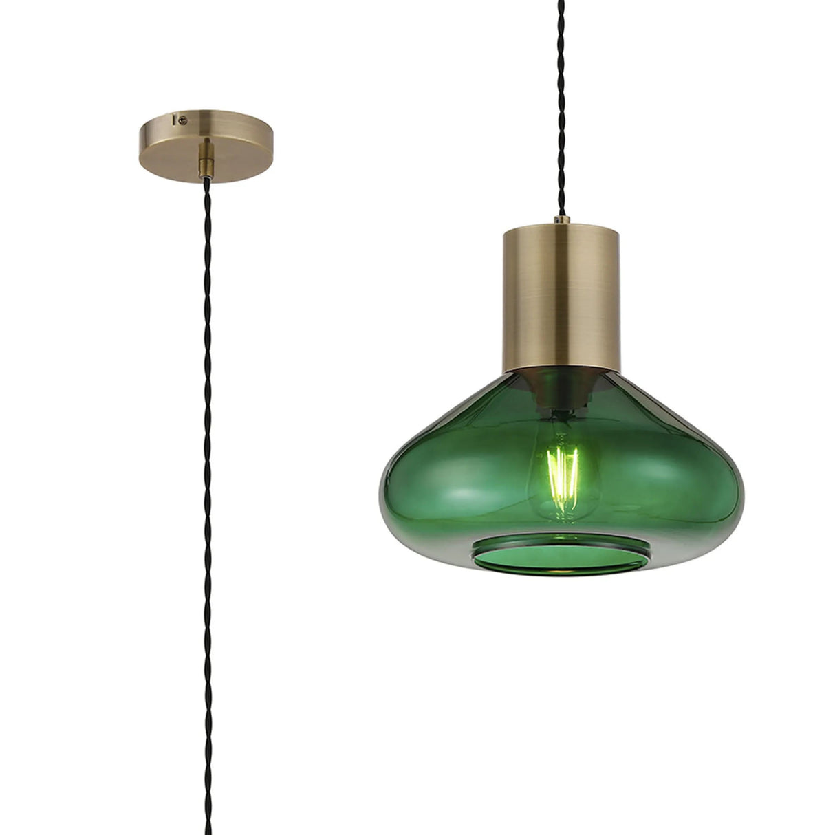 Rowell Wide Pendant, 1 x E27, Antique Brass/Bottle Green Glass