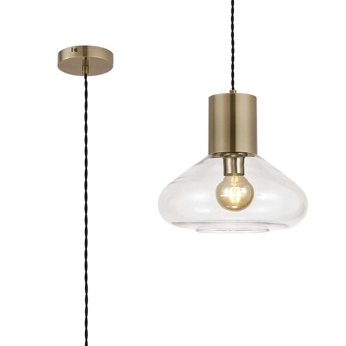 Rowell Wide Pendant, 1 x E27, Antique Brass/Clear Glass