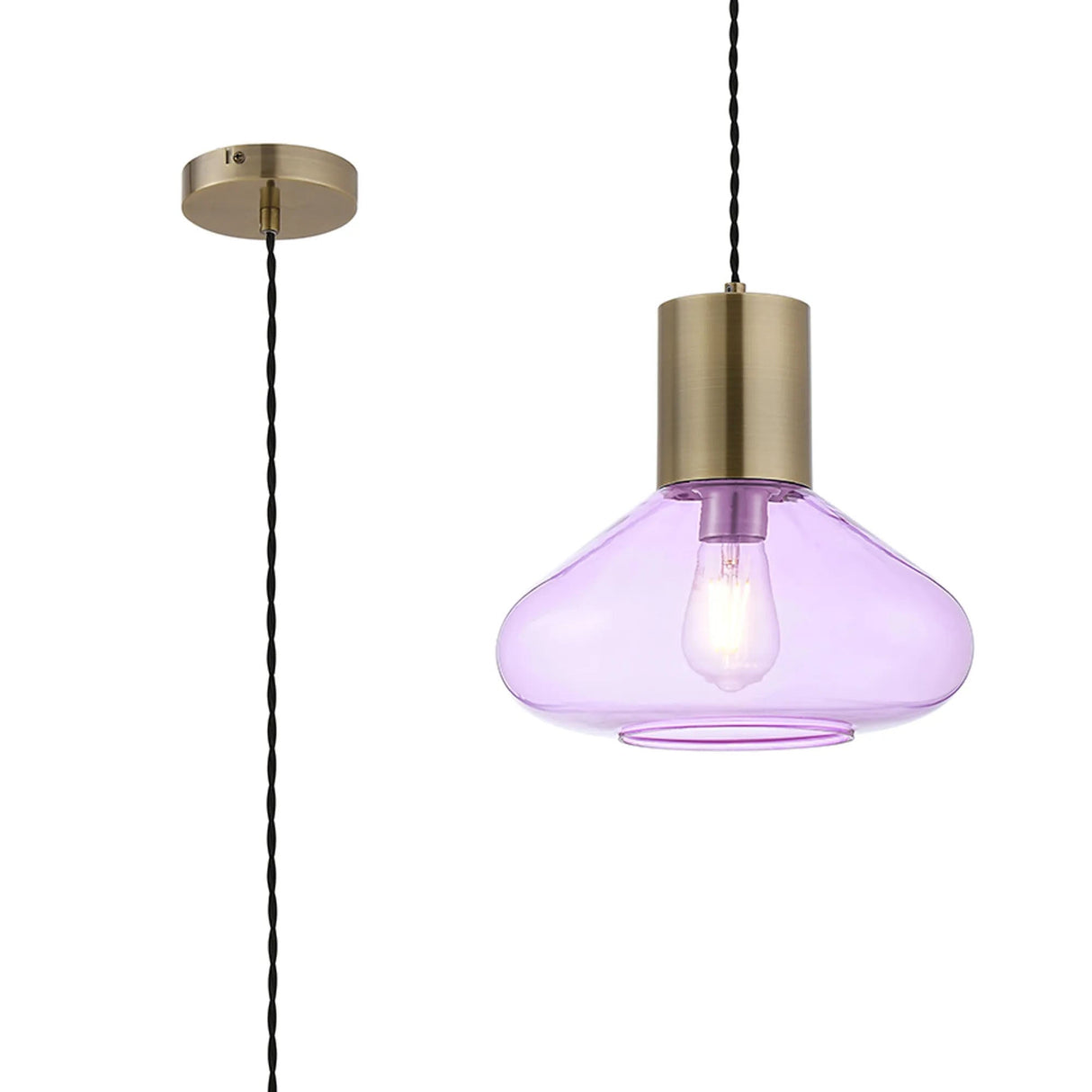 Rowell Wide Pendant, 1 x E27, Antique Brass/Lilac Glass