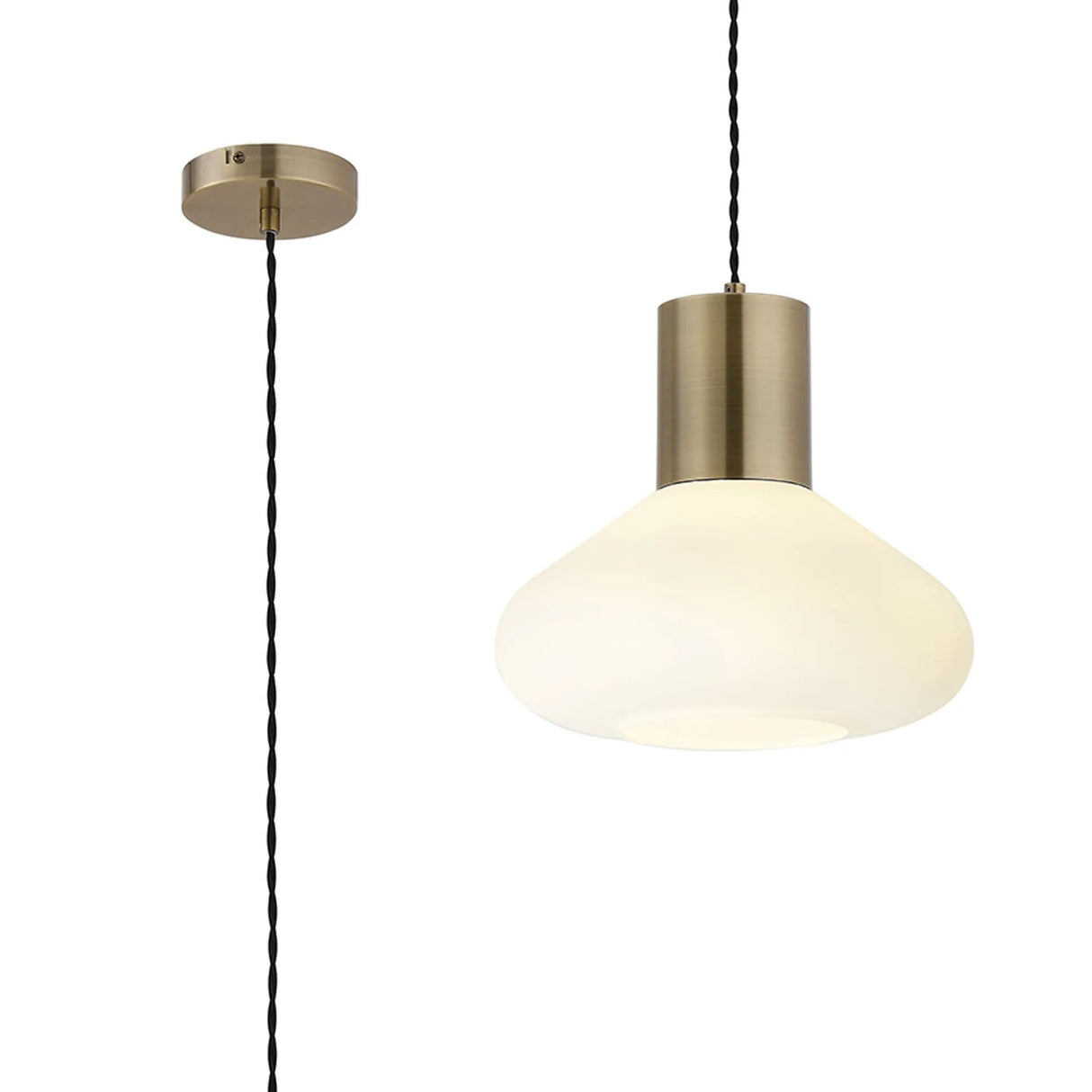 Rowell Wide Pendant, 1 x E27, Antique Brass/Opal Glass