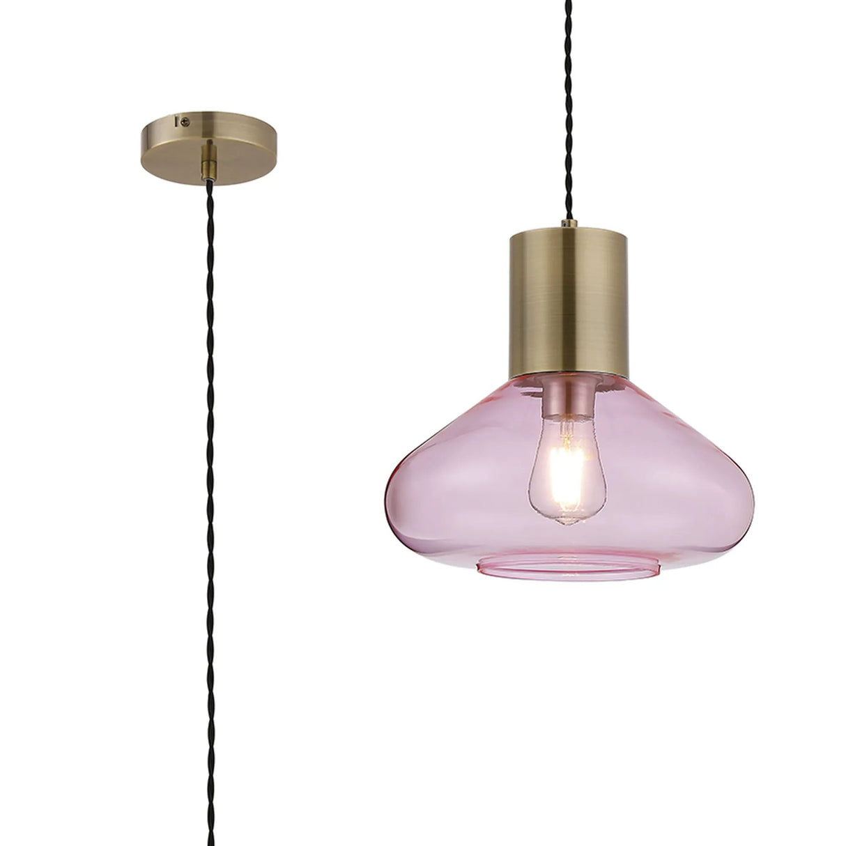 Rowell Wide Pendant, 1 x E27, Antique Brass/Pink Glass