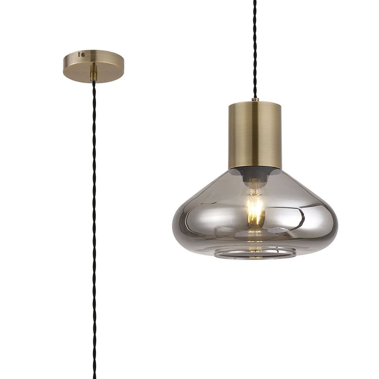 Rowell Wide Pendant, 1 x E27, Antique Brass/Smoke Plated Glass