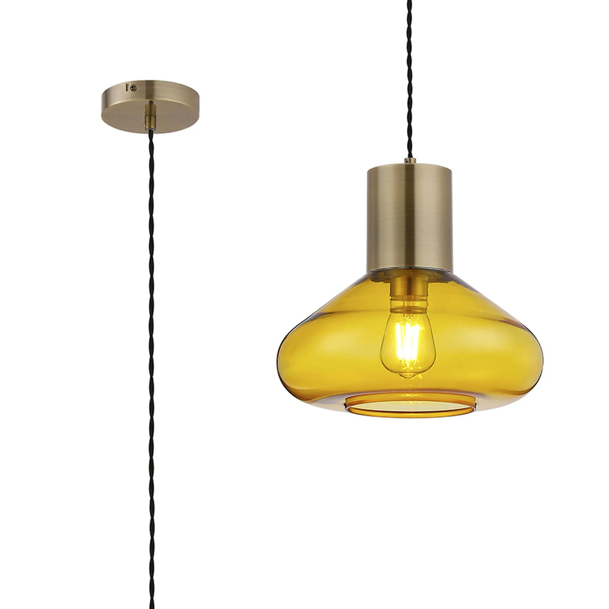 Rowell Wide Pendant, 1 x E27, Antique Brass/Yellow Glass