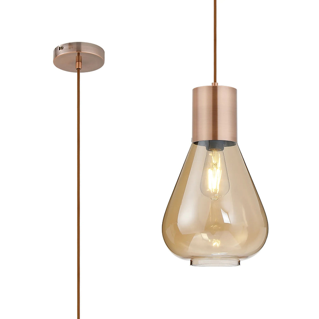 Rowell Narrow Pendant, 1 x E27, Antique Copper/Amber Glass
