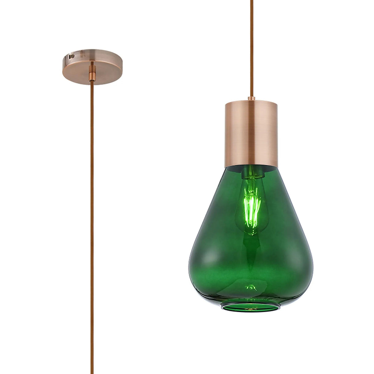 Rowell Narrow Pendant, 1 x E27, Antique Copper/Bottle Green Glass