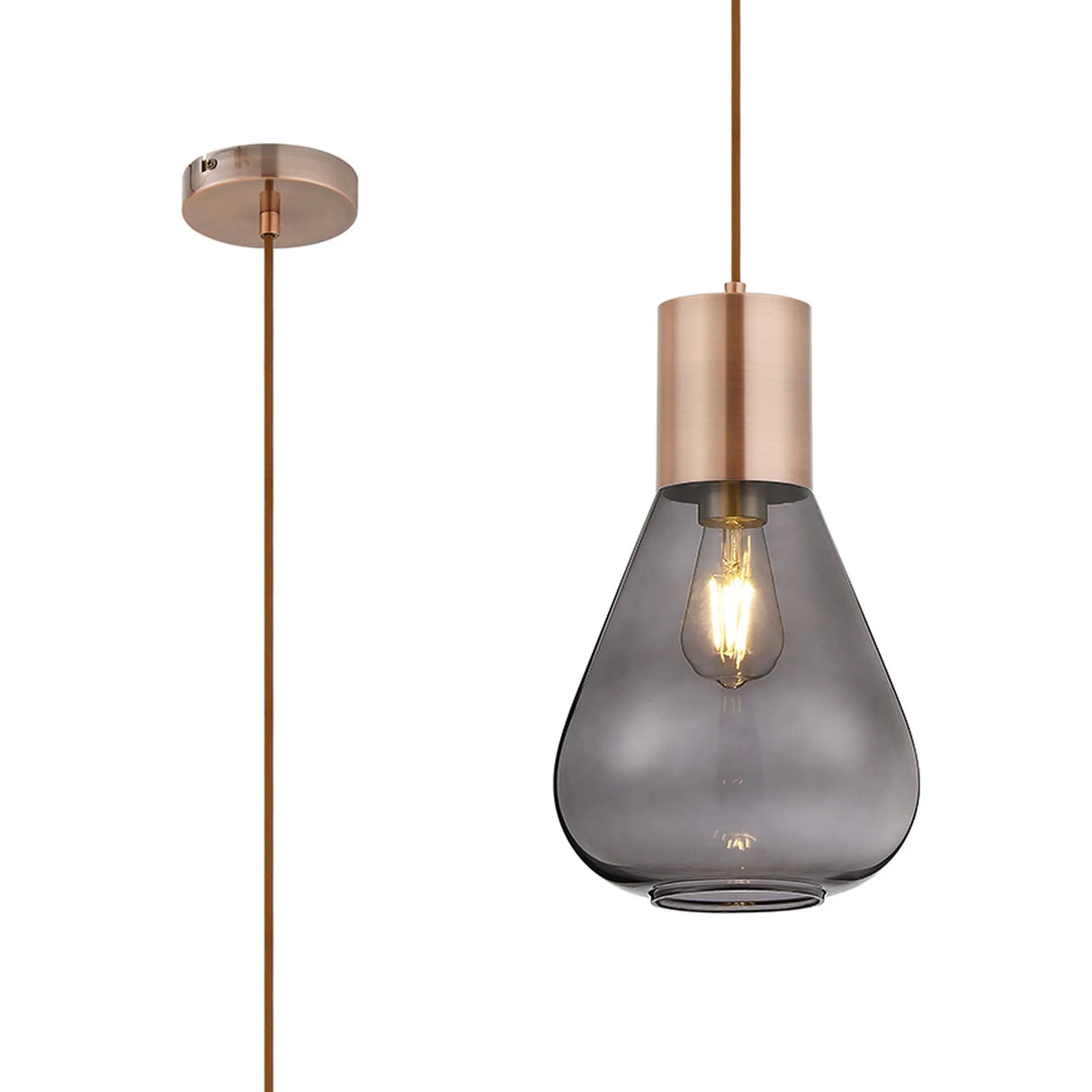 Rowell Narrow Pendant, 1 x E27, Antique Copper/Inky Black Glass