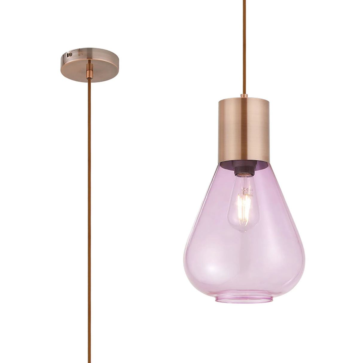 Rowell Narrow Pendant, 1 x E27, Antique Copper/Lilac Glass