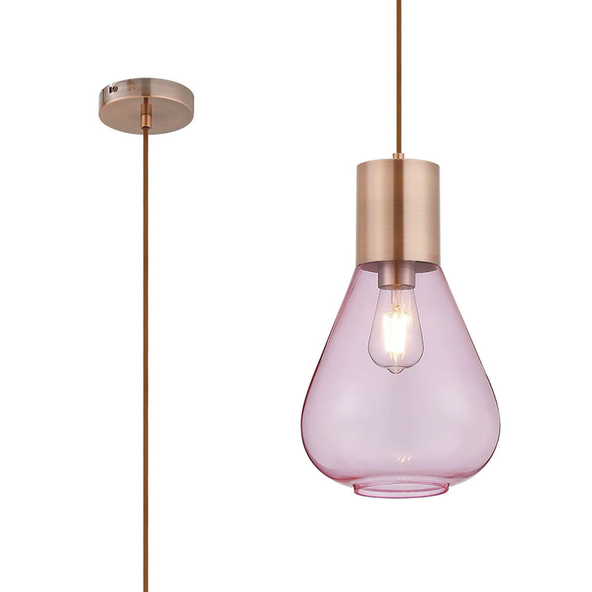 Rowell Narrow Pendant, 1 x E27, Antique Copper/Pink Glass