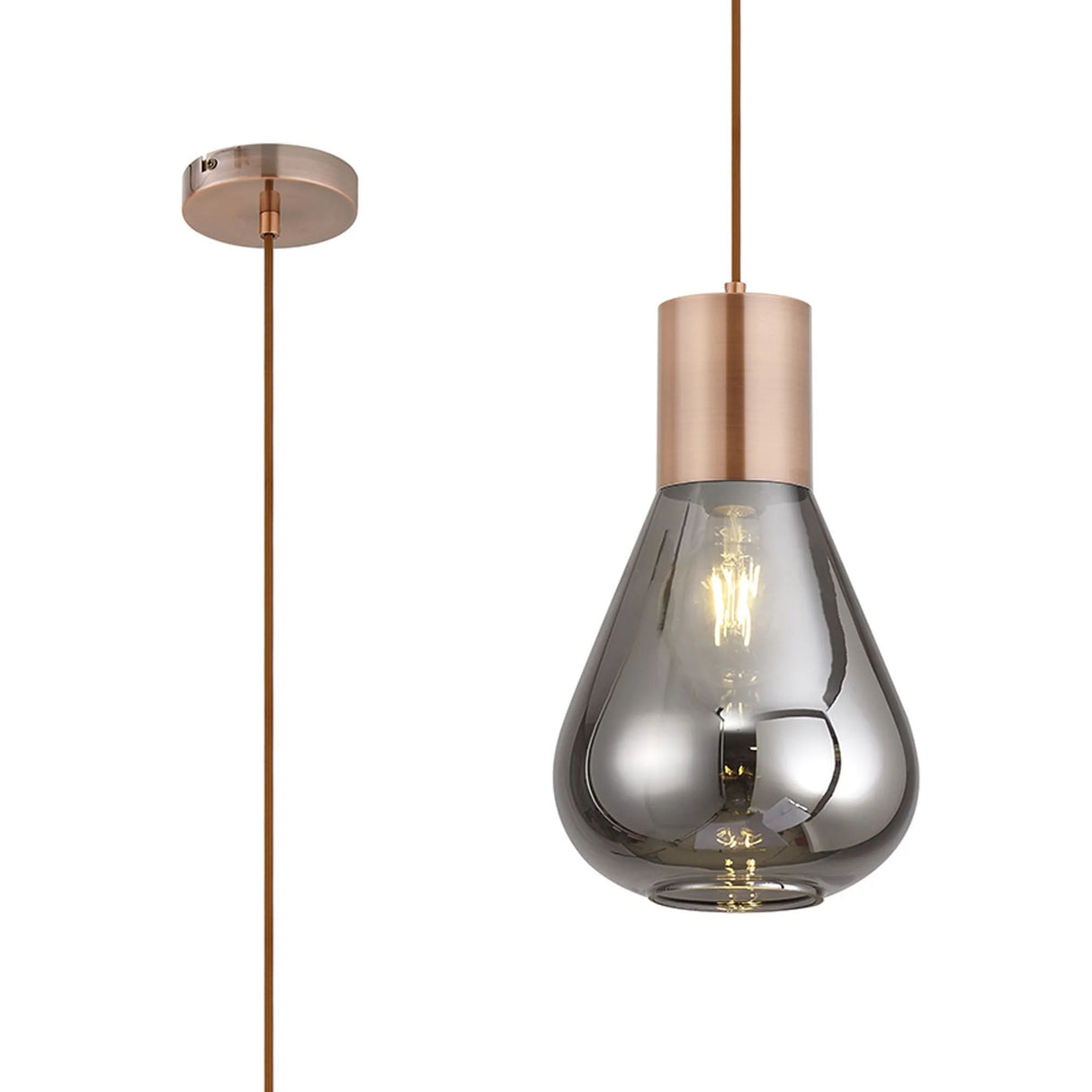 Rowell Narrow Pendant, 1 x E27, Antique Copper/Smoke Plated Glass