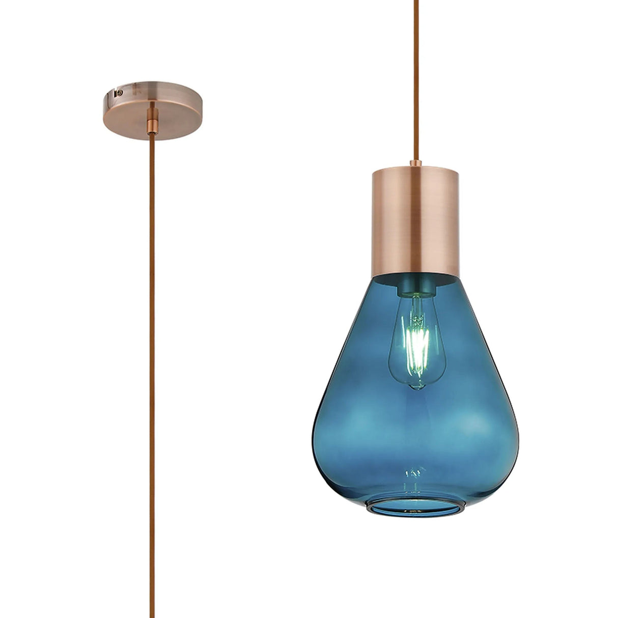 Rowell Narrow Pendant, 1 x E27, Antique Copper/Teal Blue Glass