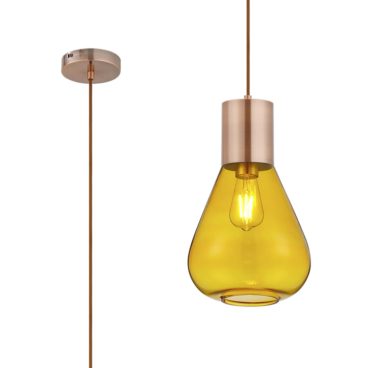 Rowell Narrow Pendant, 1 x E27, Antique Copper/Yellow Glass