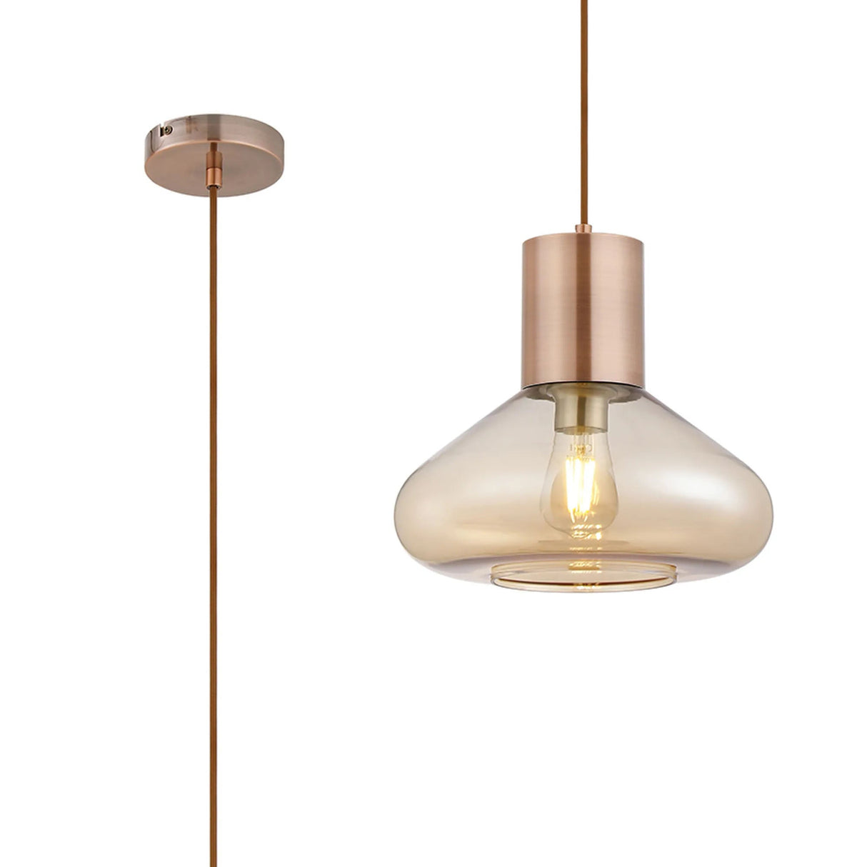 Rowell Wide Pendant, 1 x E27, Antique Copper/Amber Glass