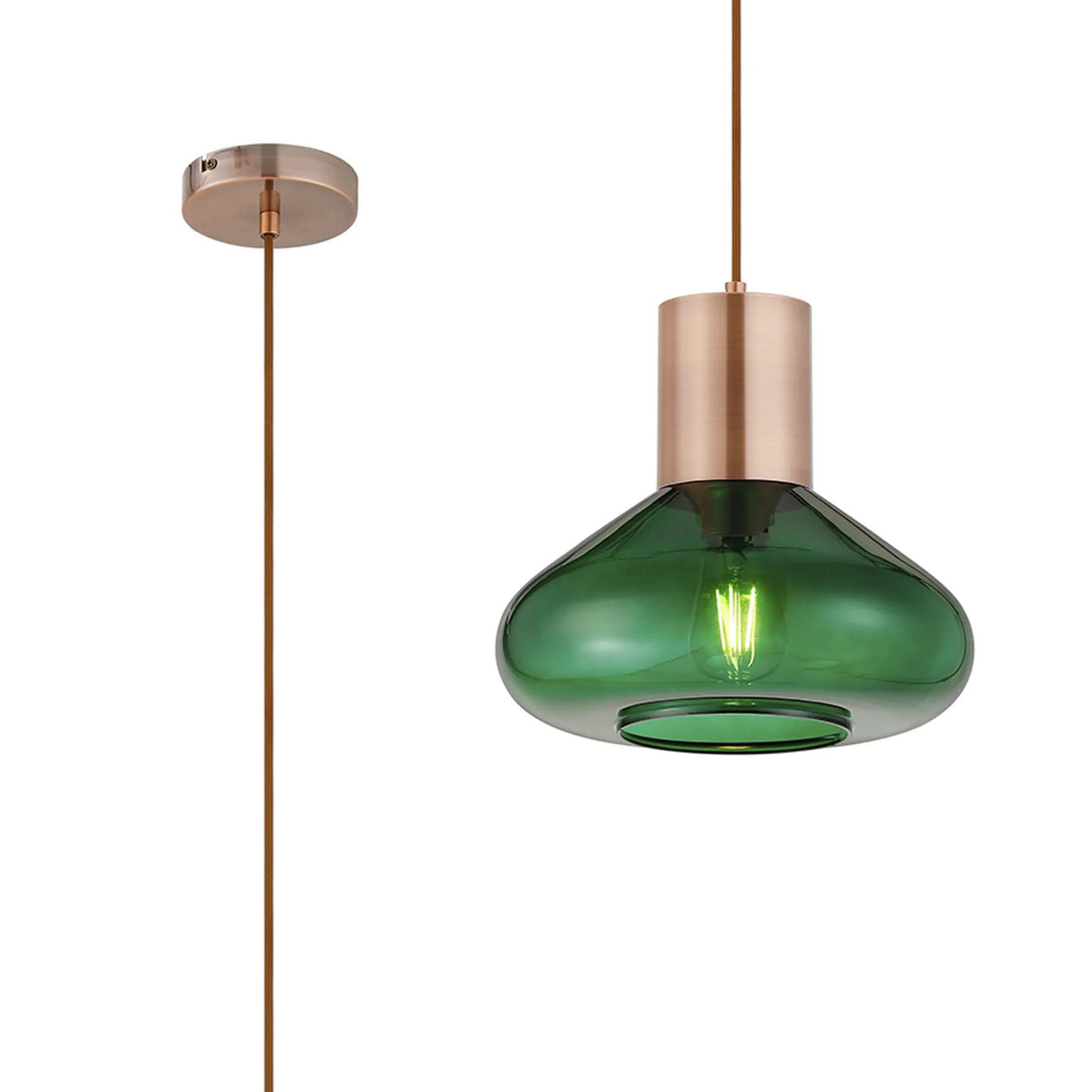 Rowell Wide Pendant, 1 x E27, Antique Copper/Bottle Green Glass