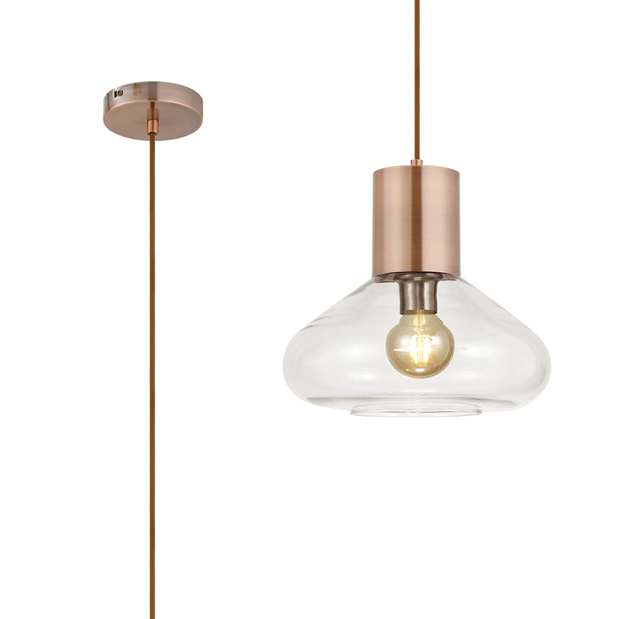 Rowell Wide Pendant, 1 x E27, Antique Copper/Clear Glass