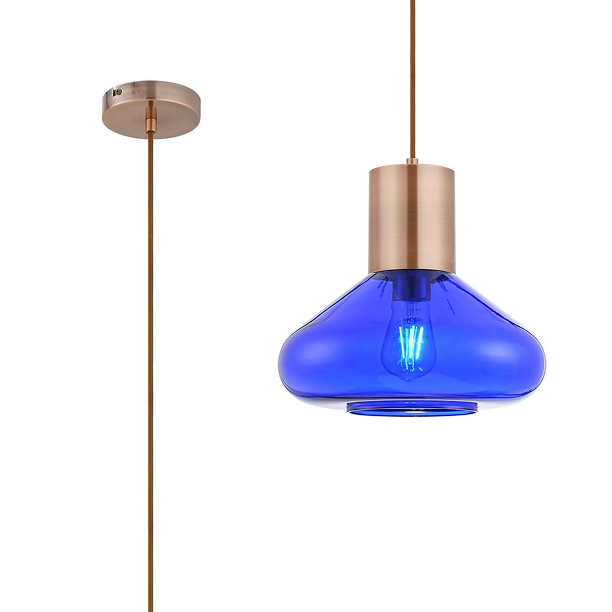 Rowell Wide Pendant, 1 x E27, Antique Copper/Blue Ink Glass