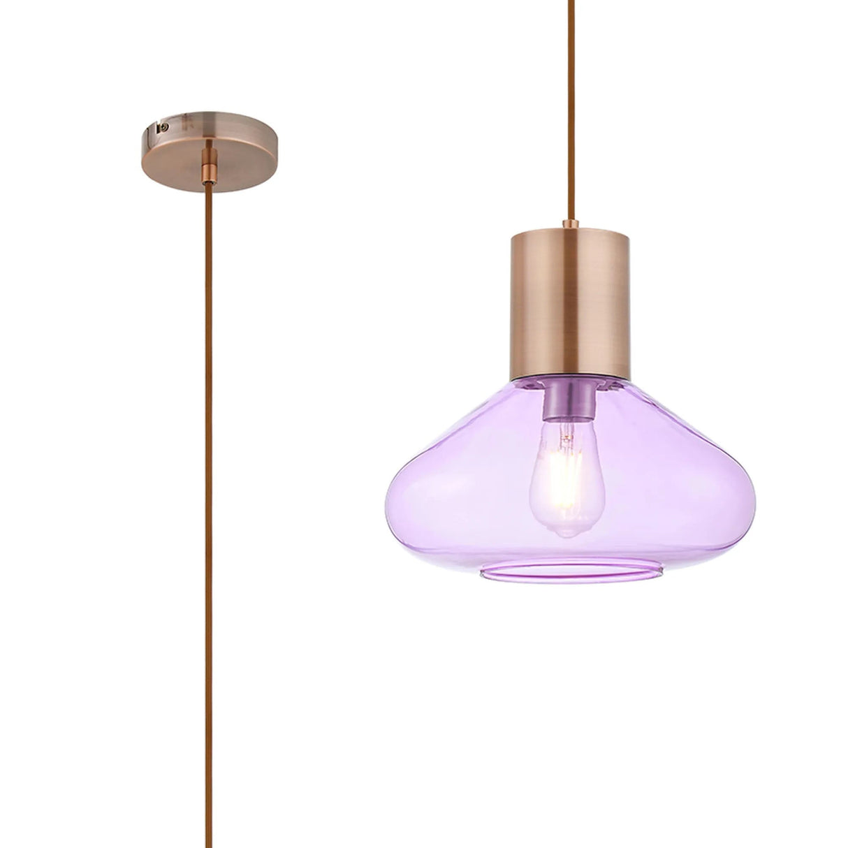 Rowell Wide Pendant, 1 x E27, Antique Copper/Lilac Glass