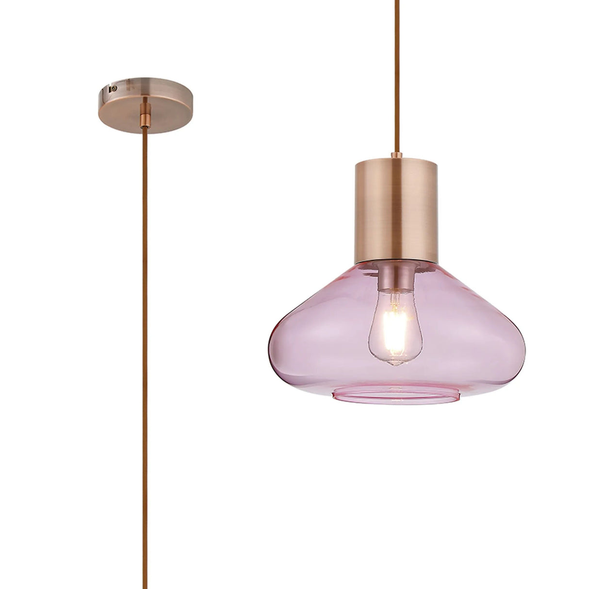 Rowell Wide Pendant, 1 x E27, Antique Copper/Pink Glass